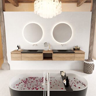 Mondiaz BUKLA 280cm badmeubel met open module 40 midden kleur Washed Oak met 4 lades. Wastafel CLOUD dubbel 0 kraangaten kleur Urban.