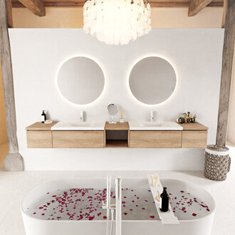 Mondiaz BUKLA 280cm badmeubel met open module 40 midden kleur Washed Oak met 4 lades. Wastafel CLOUD dubbel 2 kraangaten kleur Talc.