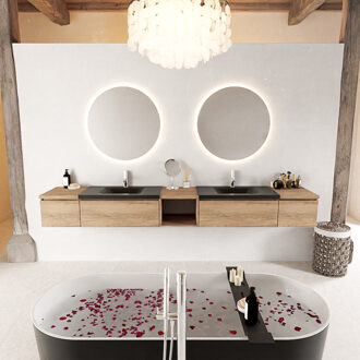 Mondiaz BUKLA 280cm badmeubel met open module 40 midden kleur Washed Oak met 4 lades. Wastafel CLOUD dubbel 2 kraangaten kleur Urban.