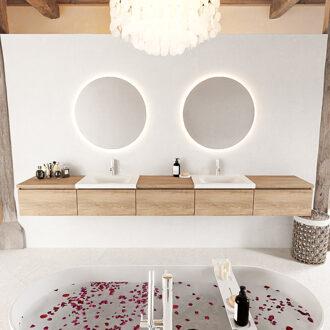 Mondiaz BUKLA 300cm badmeubel met module 60 kleur Washed Oak met 5 lades. Wastafel CLOUD dubbel 2 kraangaten kleur Talc.