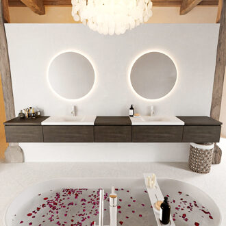 Mondiaz BUKLA 340cm badmeubel met module 60 kleur Dark Brown met 5 lades. Wastafel CLOUD dubbel 2 kraangaten kleur Talc.