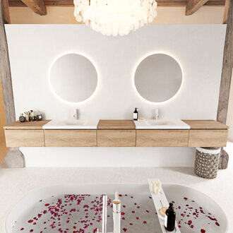 Mondiaz BUKLA 340cm badmeubel met module 60 kleur Washed Oak met 5 lades. Wastafel CLOUD dubbel 2 kraangaten kleur Talc.