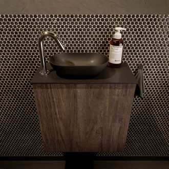 Mondiaz Fowy toiletmeubel 50cm dark brown met zwarte waskom links en kraangat