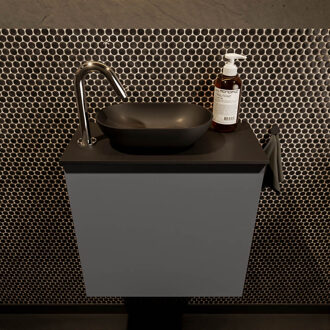 Mondiaz Fowy toiletmeubel 50cm dark grey met zwarte waskom links en kraangat