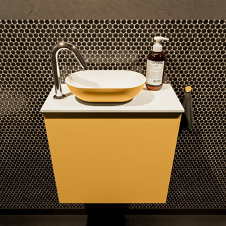 Mondiaz Fowy toiletmeubel 50cm ocher met gele waskom links en kraangat