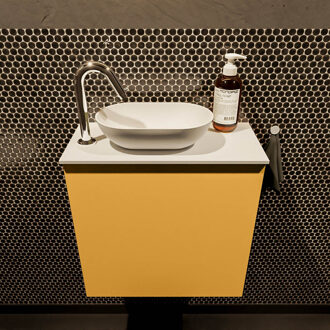 Mondiaz Fowy toiletmeubel 50cm ocher met witte waskom links en kraangat