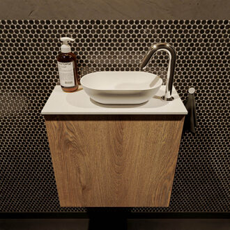 Mondiaz Fowy toiletmeubel 50cm washed oak met witte waskom rechts en kraangat
