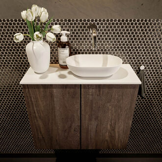 Mondiaz Fowy toiletmeubel 60cm dark brown met witte waskom rechts zonder kraangat