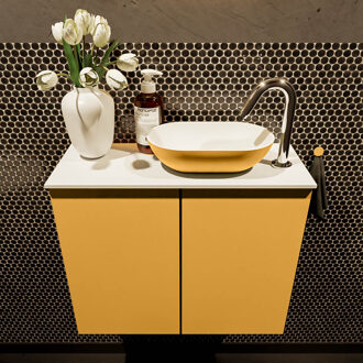 Mondiaz Fowy toiletmeubel 60cm ocher met gele waskom rechts en kraangat