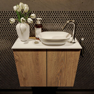 Mondiaz Fowy toiletmeubel 60cm washed oak met witte waskom rechts en kraangat