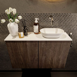 Mondiaz Fowy toiletmeubel 80cm dark brown met witte waskom rechts zonder kraangat