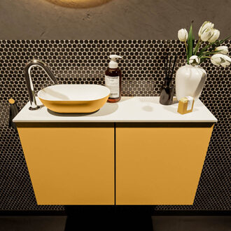 Mondiaz Fowy toiletmeubel 80cm ocher met gele waskom links en kraangat