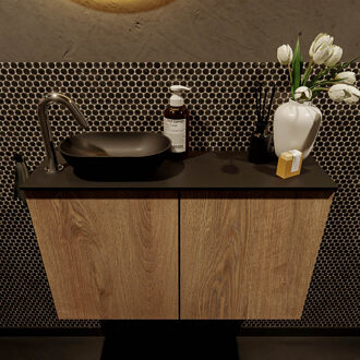 Mondiaz Fowy toiletmeubel 80cm washed oak met zwarte waskom links en kraangat