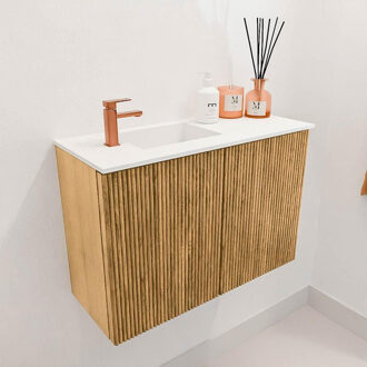 Mondiaz JOYA 60cm toiletmeubel - kleur Oak - Wastafel FAYE positie Links 1 kraangat kleur Talc. JY60L2D1KOakTal