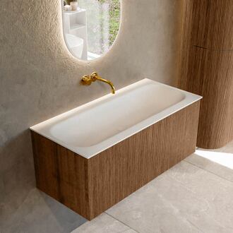 Mondiaz KURVE 100 cm Onderkast Greeploos 1 Lade Zonder Deuren Walnut, Wastafel Solid Surface Volledig Talc 0 Kraangaten Zonder Spiegel (KRVBGM1001L0D0KM-Wal/Tal)