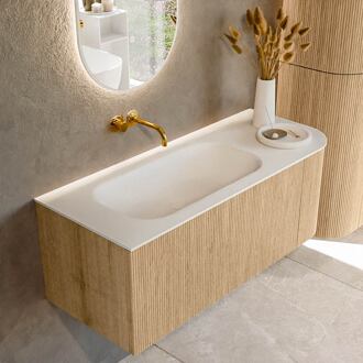 Mondiaz KURVE 115 cm Onderkast Greeploos 1 Lade Met Deuren Oak, Wastafel Solid Surface Links Talc 0 Kraangaten Zonder Spiegel (KRVBGS115R1L1D0KL-Oak/Tal)