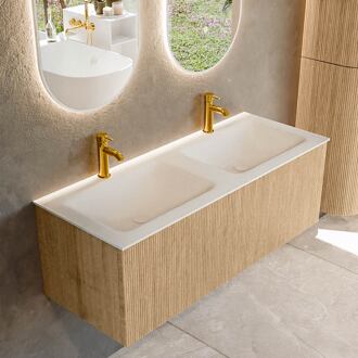 Mondiaz KURVE 120 cm Onderkast Greeploos 1 Lade Zonder Deuren Oak, Wastafel Solid Surface Dubbel Talc 2 Kraangaten Zonder Spiegel (KRVCLO1201L0D2KD-Oak/Tal)