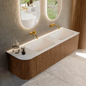 Mondiaz KURVE 155 cm Onderkast Greeploos 2 Lades Met Deuren Walnut, Wastafel Solid Surface Rechts Talc 0 Kraangaten Zonder Spiegel (KRVCLO155L2L1D0KD-Wal/Tal)