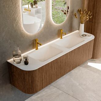 Mondiaz KURVE 170 cm Onderkast Greeploos 1 Lade Met Deuren Walnut, Wastafel Solid Surface Dubbel Talc 2 Kraangaten Zonder Spiegel (KRVCLO170L+R1L2D2KD-Wal/Tal)