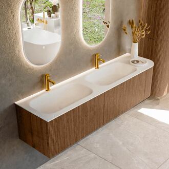 Mondiaz KURVE 175 cm Onderkast Greeploos 2 Lades Met Deuren Walnut, Wastafel Solid Surface Links Talc 2 Kraangaten Zonder Spiegel (KRVBGS175R2L1D2KD-Wal/Tal)