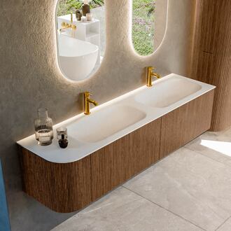 Mondiaz KURVE 175 cm Onderkast Greeploos 2 Lades Met Deuren Walnut, Wastafel Solid Surface Rechts Talc 2 Kraangaten Zonder Spiegel (KRVBGS175L2L1D2KD-Wal/Tal)