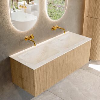 Mondiaz KURVE-DLUX 120 cm Onderkast Greeploos 1 Lade Zonder Deuren Oak, Wastafel Solid Surface Dubbel Ostra 0 Kraangaten Zonder Spiegel (KRVLEA1201L0D0KD-Oak/Ost)