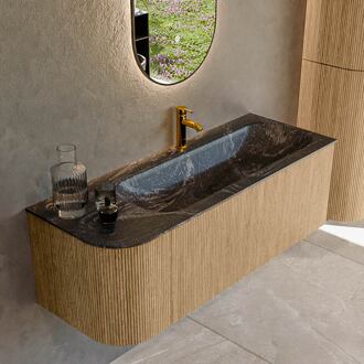 Mondiaz KURVE-DLUX 125 cm Onderkast Greeploos 1 Lade Met Deuren Oak, Wastafel Solid Surface Rechts Lava 1 Kraangat Zonder Spiegel (KRVBGM125L1L1D1KR-Oak/Lav)