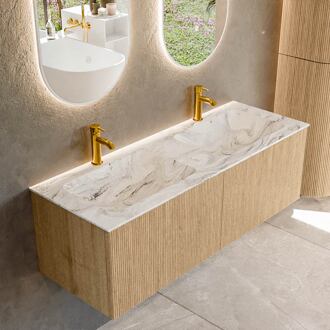 Mondiaz KURVE-DLUX 130 cm Onderkast Greeploos 2 Lades Zonder Deuren Oak, Wastafel Solid Surface Dubbel Glace 2 Kraangaten Zonder Spiegel (KRVLEA1302L0D2KD-Oak/Gla)