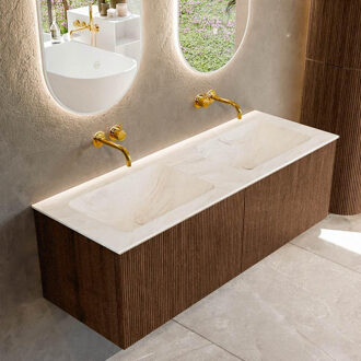 Mondiaz KURVE-DLUX 130 cm Onderkast Greeploos 2 Lades Zonder Deuren Walnut, Wastafel Solid Surface Dubbel Ostra 0 Kraangaten Zonder Spiegel (KRVLEA1302L0D0KD-Wal/Ost)