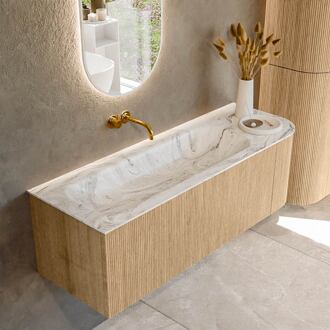 Mondiaz KURVE-DLUX 135 cm Onderkast Greeploos 1 Lade Met Deuren Oak, Wastafel Solid Surface Links Glace 0 Kraangaten Zonder Spiegel (KRVBGM135R1L1D0KL-Oak/Gla)