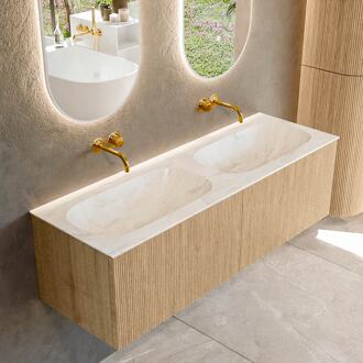 Mondiaz KURVE-DLUX 140 cm Onderkast Greeploos 2 Lades Zonder Deuren Oak, Wastafel Solid Surface Dubbel Ostra 0 Kraangaten Zonder Spiegel (KRVSTS1402L0D0KD-Oak/Ost)