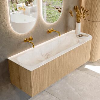 Mondiaz KURVE-DLUX 145 cm Onderkast Greeploos 1 Lade Met Deuren Oak, Wastafel Solid Surface Links Frappe 0 Kraangaten Zonder Spiegel (KRVBGL145R1L1D0KL-Oak/Fra)