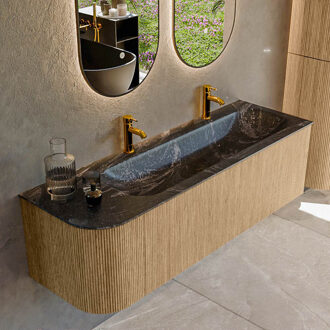 Mondiaz KURVE-DLUX 145 cm Onderkast Greeploos 1 Lade Met Deuren Oak, Wastafel Solid Surface Rechts Lava 2 Kraangaten Zonder Spiegel (KRVBGL145L1L1D2KR-Oak/Lav)