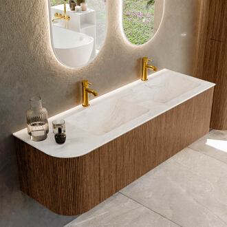 Mondiaz KURVE-DLUX 145 cm Onderkast Greeploos 1 Lade Met Deuren Walnut, Wastafel Solid Surface Rechts Ostra 2 Kraangaten Zonder Spiegel (KRVLEA145L1L1D2KD-Wal/Ost)