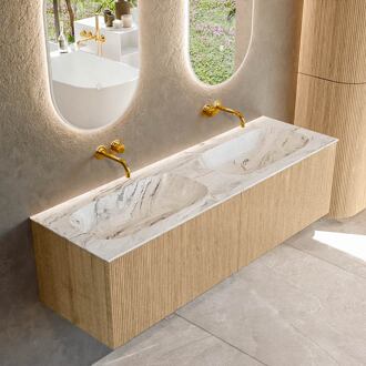 Mondiaz KURVE-DLUX 150 cm Onderkast Greeploos 2 Lades Zonder Deuren Oak, Wastafel Solid Surface Dubbel Glace 0 Kraangaten Zonder Spiegel (KRVSTS1502L0D0KD-Oak/Gla)