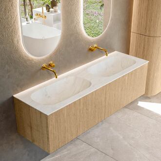 Mondiaz KURVE-DLUX 150 cm Onderkast Greeploos 2 Lades Zonder Deuren Oak, Wastafel Solid Surface Dubbel Opalo 0 Kraangaten Zonder Spiegel (KRVSTS1502L0D0KD-Oak/Opa)