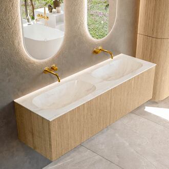 Mondiaz KURVE-DLUX 150 cm Onderkast Greeploos 2 Lades Zonder Deuren Oak, Wastafel Solid Surface Dubbel Ostra 0 Kraangaten Zonder Spiegel (KRVSTS1502L0D0KD-Oak/Ost)