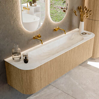 Mondiaz KURVE-DLUX 170 cm Onderkast Greeploos 1 Lade Met Deuren Oak, Wastafel Solid Surface Midden Ostra 0 Kraangaten Zonder Spiegel (KRVBGL170L+R1L2D0KM-Oak/Ost)