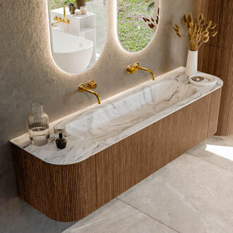 Mondiaz KURVE-DLUX 170 cm Onderkast Greeploos 1 Lade Met Deuren Walnut, Wastafel Solid Surface Midden Glace 0 Kraangaten Zonder Spiegel (KRVBGL170L+R1L2D0KM-Wal/Gla)