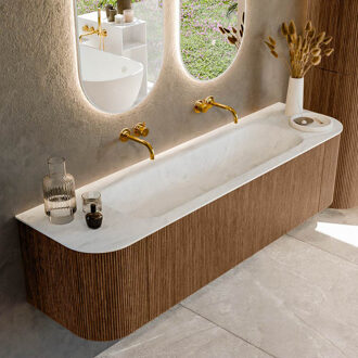 Mondiaz KURVE-DLUX 170 cm Onderkast Greeploos 1 Lade Met Deuren Walnut, Wastafel Solid Surface Midden Opalo 0 Kraangaten Zonder Spiegel (KRVBGL170L+R1L2D0KM-Wal/Opa)