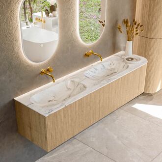 Mondiaz KURVE-DLUX 175 cm Onderkast Greeploos 2 Lades Met Deuren Oak, Wastafel Solid Surface Links Glace 0 Kraangaten Zonder Spiegel (KRVSTS175R2L1D0KD-Oak/Gla)