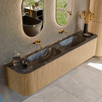 Mondiaz KURVE-DLUX 200 cm Onderkast Greeploos 2 Lades Met Deuren Oak, Wastafel Solid Surface Dubbel Lava 0 Kraangaten Zonder Spiegel (KRVSTS200L+R2L2D0KD-Oak/Lav)