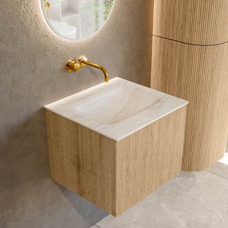 Mondiaz KURVE-DLUX 50 cm Onderkast Greeploos 1 Lade Zonder Deuren Oak, Wastafel Solid Surface Midden Ostra 0 Kraangaten Zonder Spiegel (KRVGRU501L0D0KM-Oak/Ost)