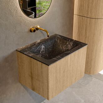 Mondiaz KURVE-DLUX 60 cm Onderkast Greeploos 1 Lade Zonder Deuren Oak, Wastafel Solid Surface Midden Lava 0 Kraangaten Zonder Spiegel (KRVCLO601L0D0KM-Oak/Lav)