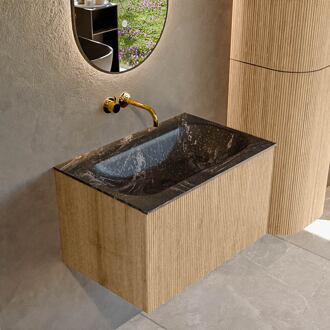 Mondiaz KURVE-DLUX 70 cm Onderkast Greeploos 1 Lade Zonder Deuren Oak, Wastafel Solid Surface Volledig Lava 0 Kraangaten Zonder Spiegel (KRVBGS701L0D0KM-Oak/Lav)