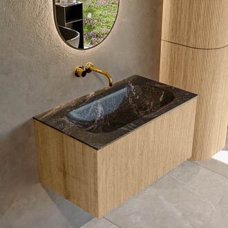Mondiaz KURVE-DLUX 80 cm Onderkast Greeploos 1 Lade Zonder Deuren Oak, Wastafel Solid Surface Volledig Lava 0 Kraangaten Zonder Spiegel (KRVBGS801L0D0KM-Oak/Lav)