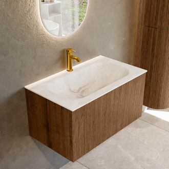 Mondiaz KURVE-DLUX 80 cm Onderkast Greeploos 1 Lade Zonder Deuren Walnut, Wastafel Solid Surface Volledig Frappe 1 Kraangat Zonder Spiegel (KRVBGS801L0D1KM-Wal/Fra)