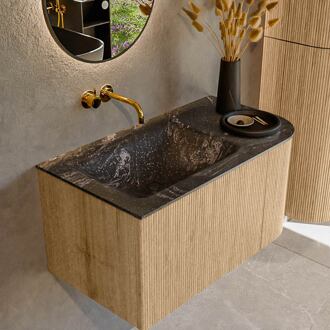 Mondiaz KURVE-DLUX 85 cm Onderkast Greeploos 1 Lade Met Deuren Oak, Wastafel Solid Surface Links Lava 0 Kraangaten Zonder Spiegel (KRVCLO85R1L1D0KL-Oak/Lav)