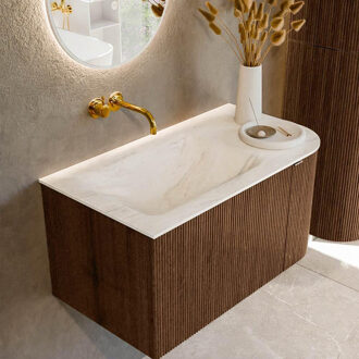 Mondiaz KURVE-DLUX 85 cm Onderkast Greeploos 1 Lade Met Deuren Walnut, Wastafel Solid Surface Links Ostra 0 Kraangaten Zonder Spiegel (KRVCLO85R1L1D0KL-Wal/Ost)