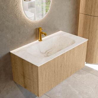 Mondiaz KURVE-DLUX 90 cm Onderkast Greeploos 1 Lade Zonder Deuren Oak, Wastafel Solid Surface Midden Frappe 1 Kraangat Zonder Spiegel (KRVBGS901L0D1KM-Oak/Fra)